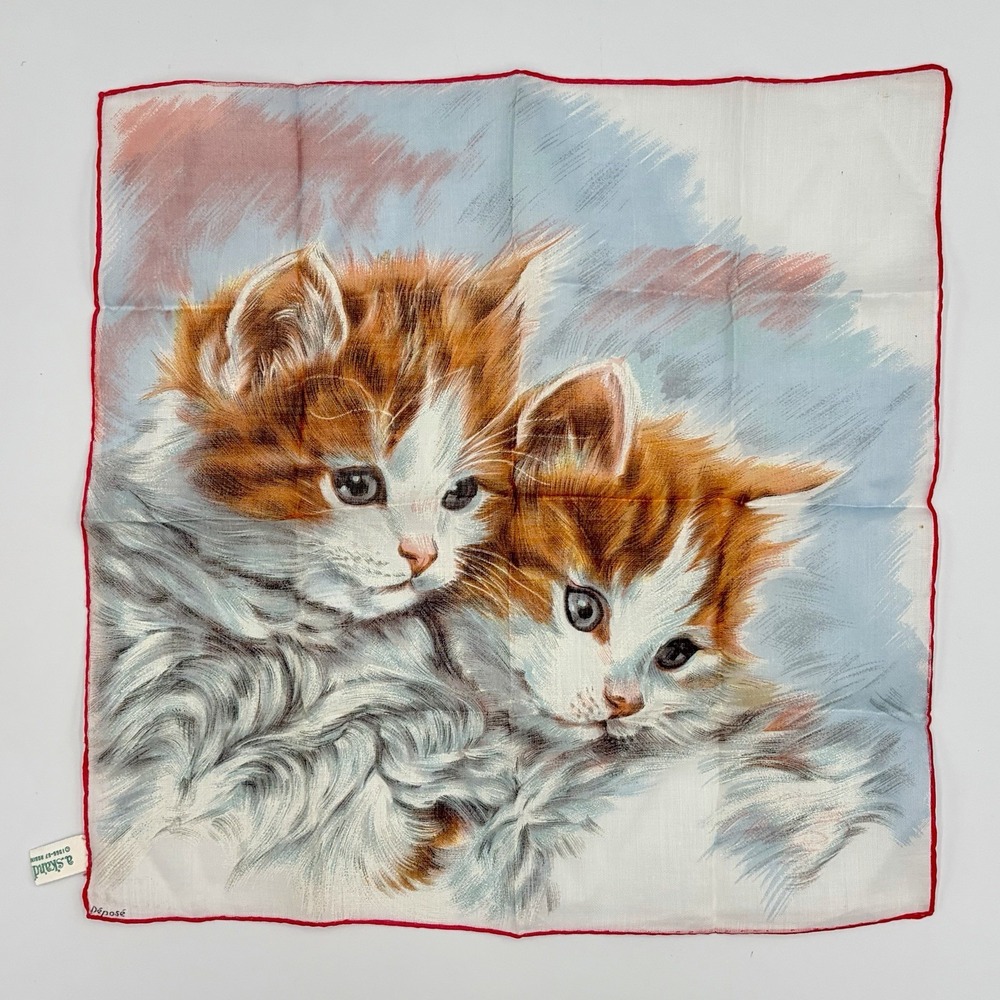 A. SKANDIA 60s Hanky Déposé Switzerland CALICO KITTENS Pink Border Watercolor